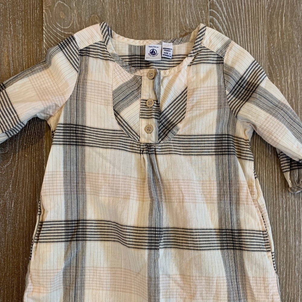 Petit Bateau lightweight tan/black plaid dress sz 3